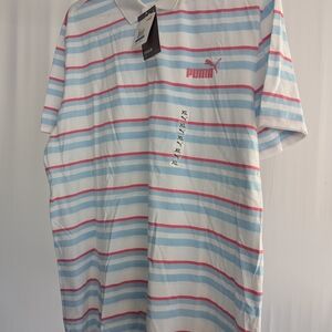 Puma Men's Polo Shirt - White, Blue, and Pink Stripes
